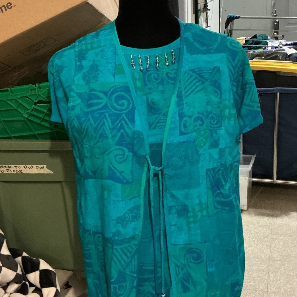 Carole Little Teal Blue Patterned Blouse